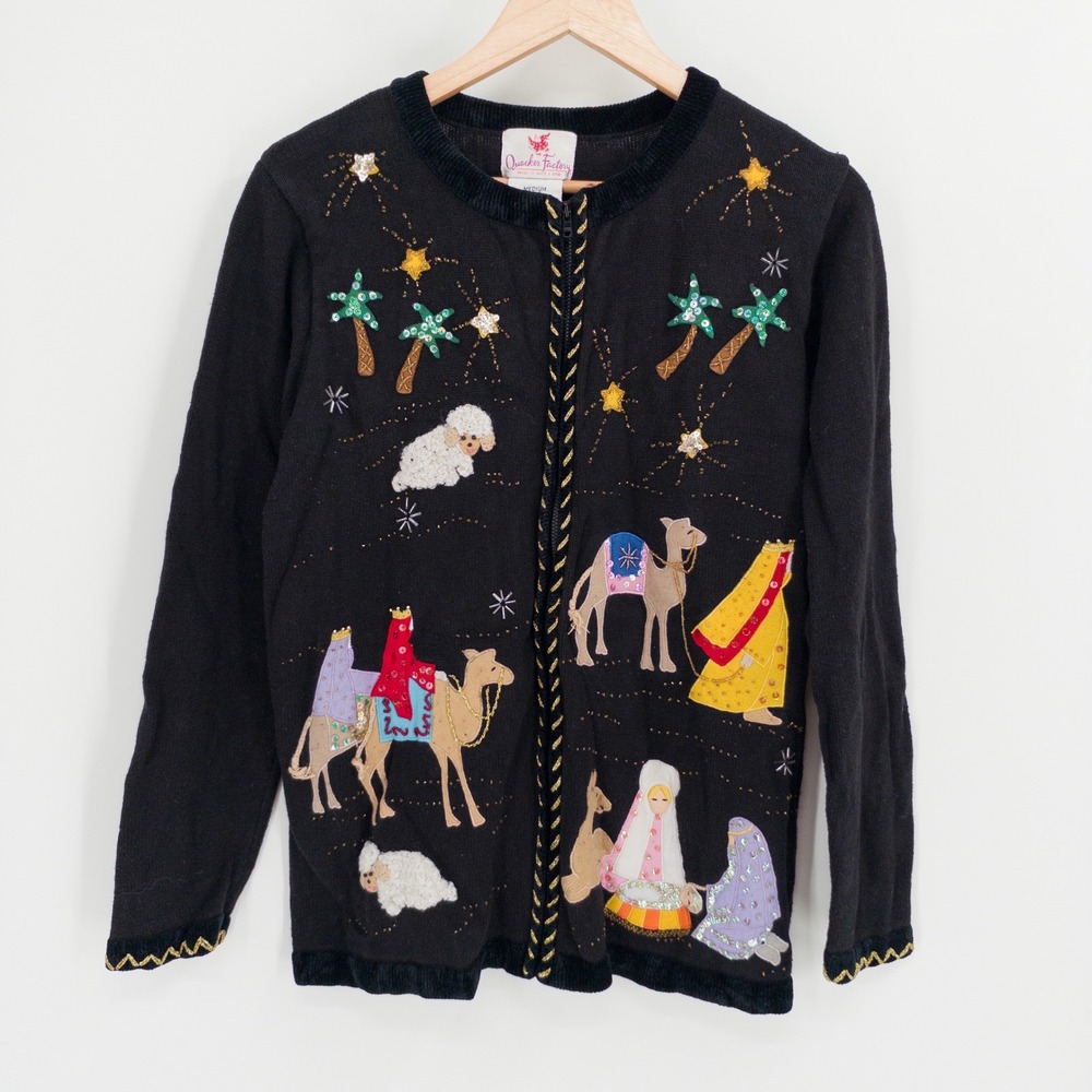 Vintage Nativity Cardigan Women M 90s Granny Quacker Jesus Three Wise Men